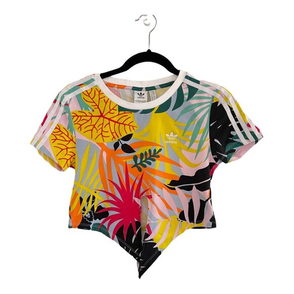 Adidas Womens Tropical Print Tie-Front Cropped T-Shirt Multicolor Size XS Island - Picture 8 of 8